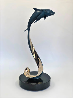 Bronze Sculpture  "Destiny" - Dolphin with Baby Sculpture   Size: 19"h x 10"w