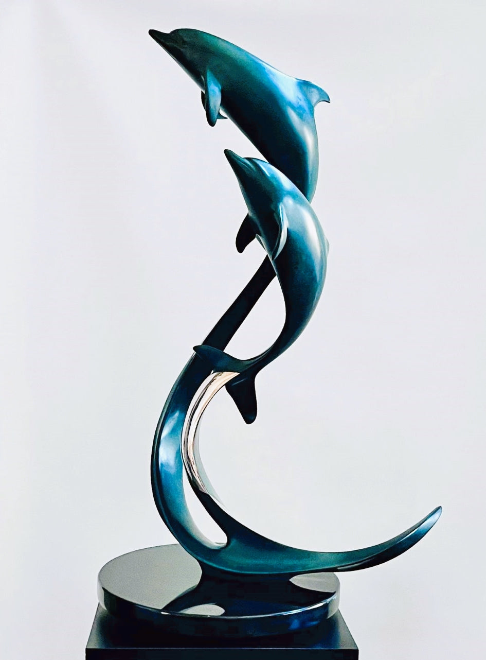Bronze Dolphin sculpture - DUET  Size: 33"h x 23"w x 15"round granite base