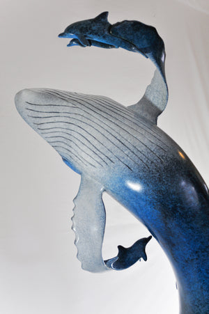 Bronze Whale Sculpture - "Dancing with Dolphins"    Size: 40"h x 18"w